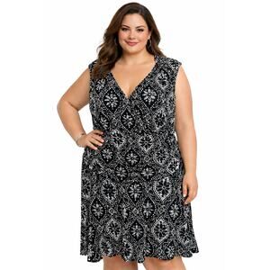 B-Slim Printed Faux Wrap Ruched Dress Black Slimming Plus Size 2X